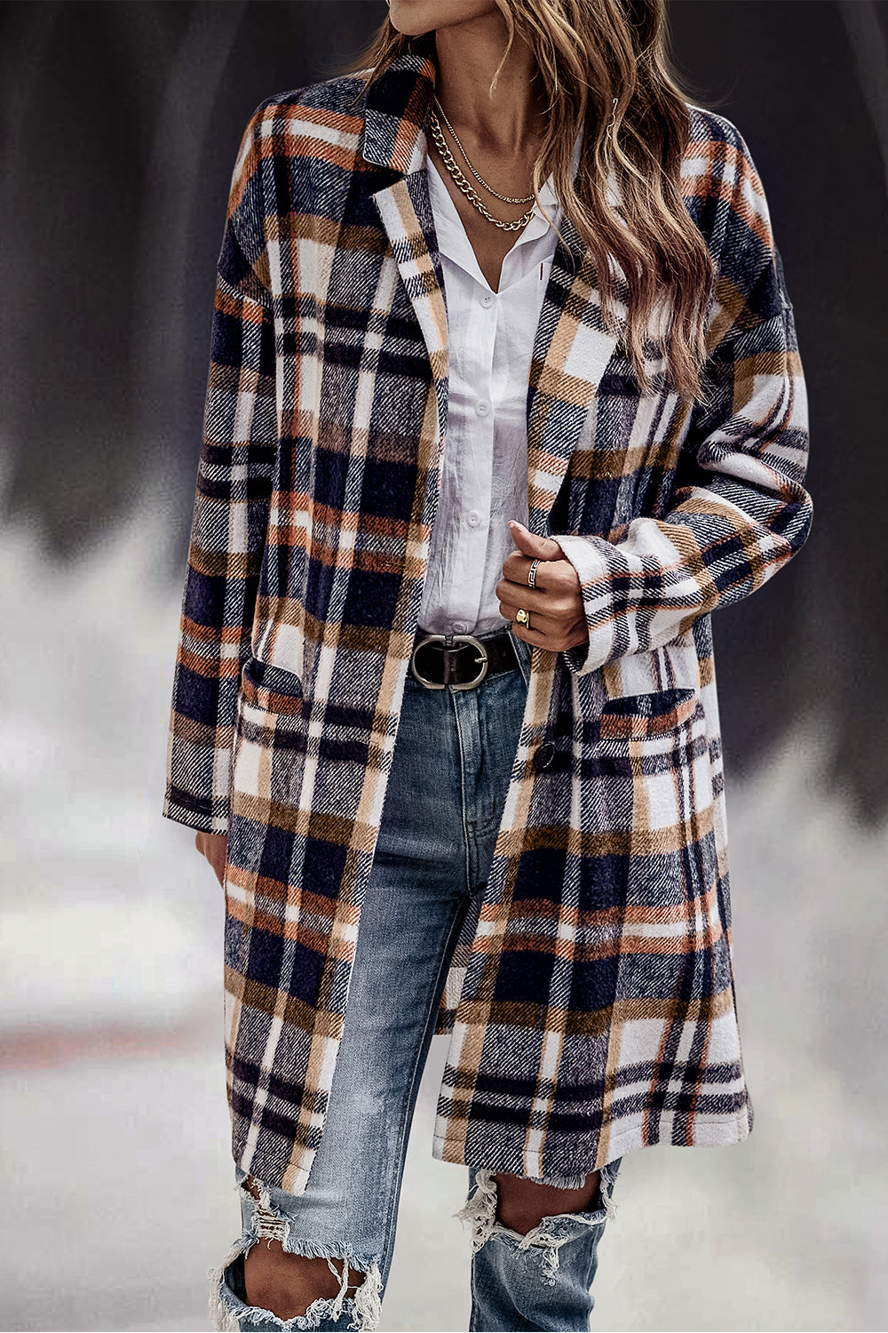 Lapel Wool Blend Plaid Trench Jacket Coat