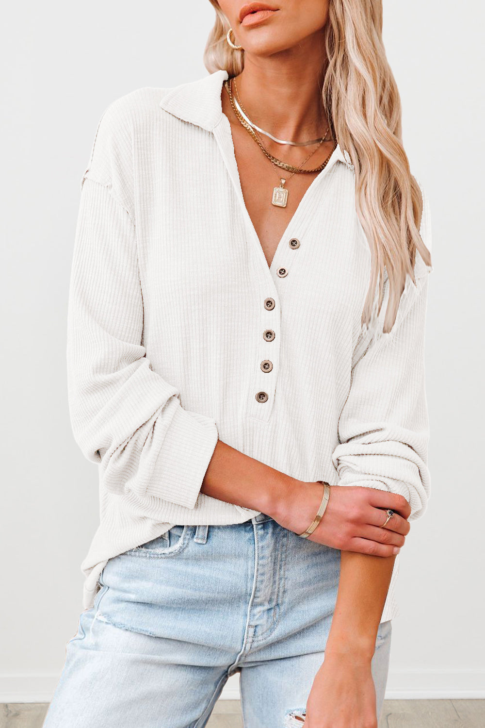 Button Up V Neck Knitted Sweater Blouses