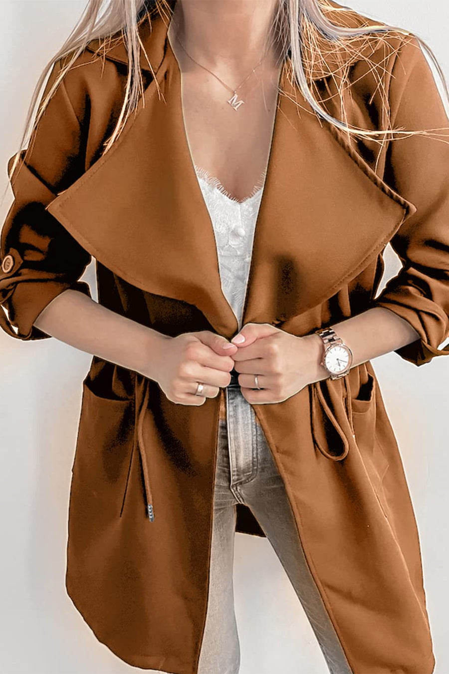 Women's Drawstring Waist Lapel Trench Coat Outwear with Pockets