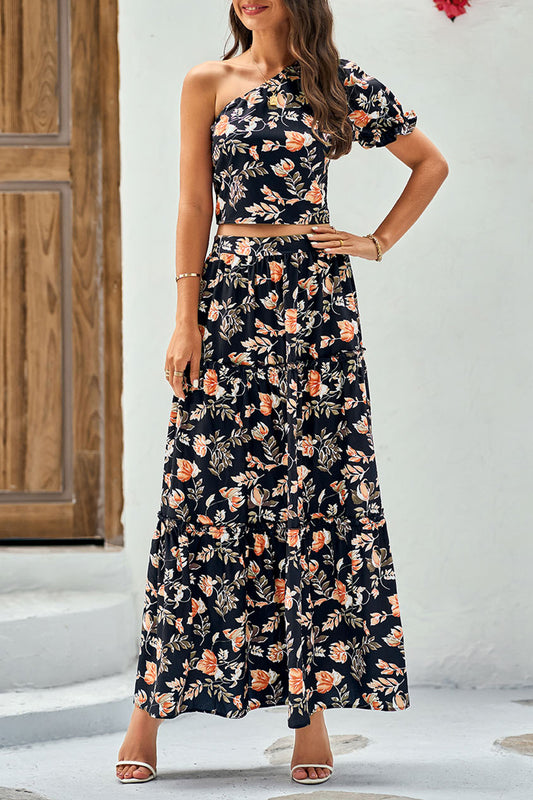 PrettyGarden One Shoulder Crop Top High Waisted Maxi Skirt Set