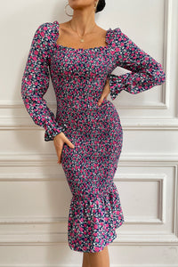 Long Puff Sleeve Floral Midi Bodycon Dress