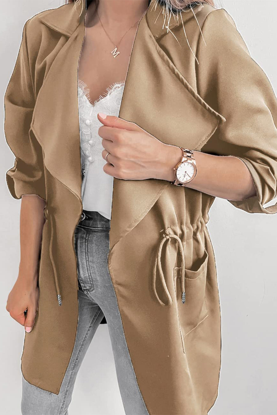 Women's Drawstring Waist Lapel Trench Coat Outwear with Pockets