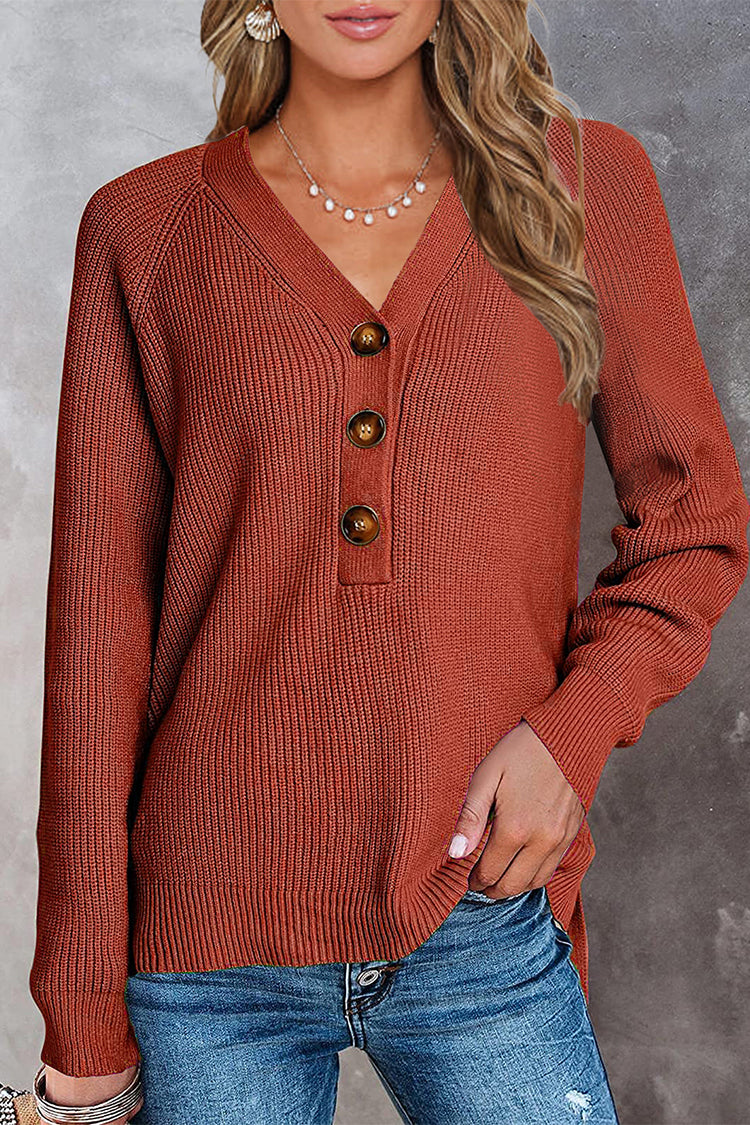 Half Button Raglan Sleeve V Neck Sweater