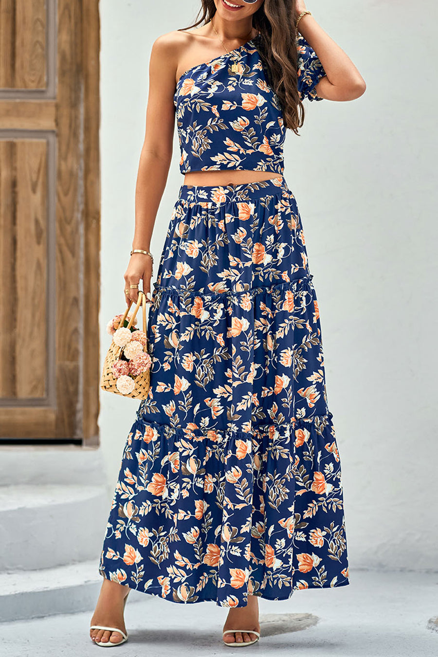 PrettyGarden One Shoulder Crop Top High Waisted Maxi Skirt Set