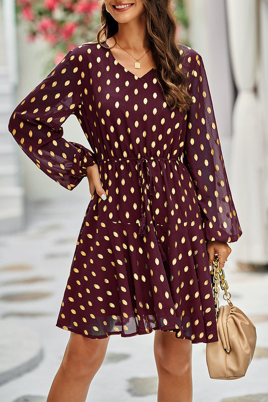 Long Sleeve Swiss Dot Chiffon Short Flowy Dress with Belt