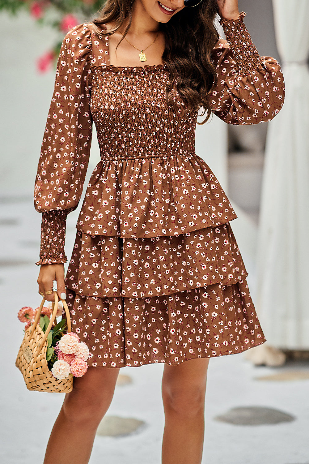 Square Neck Puff Sleeve Flroal Cute Tiered Flowy Dress Mini