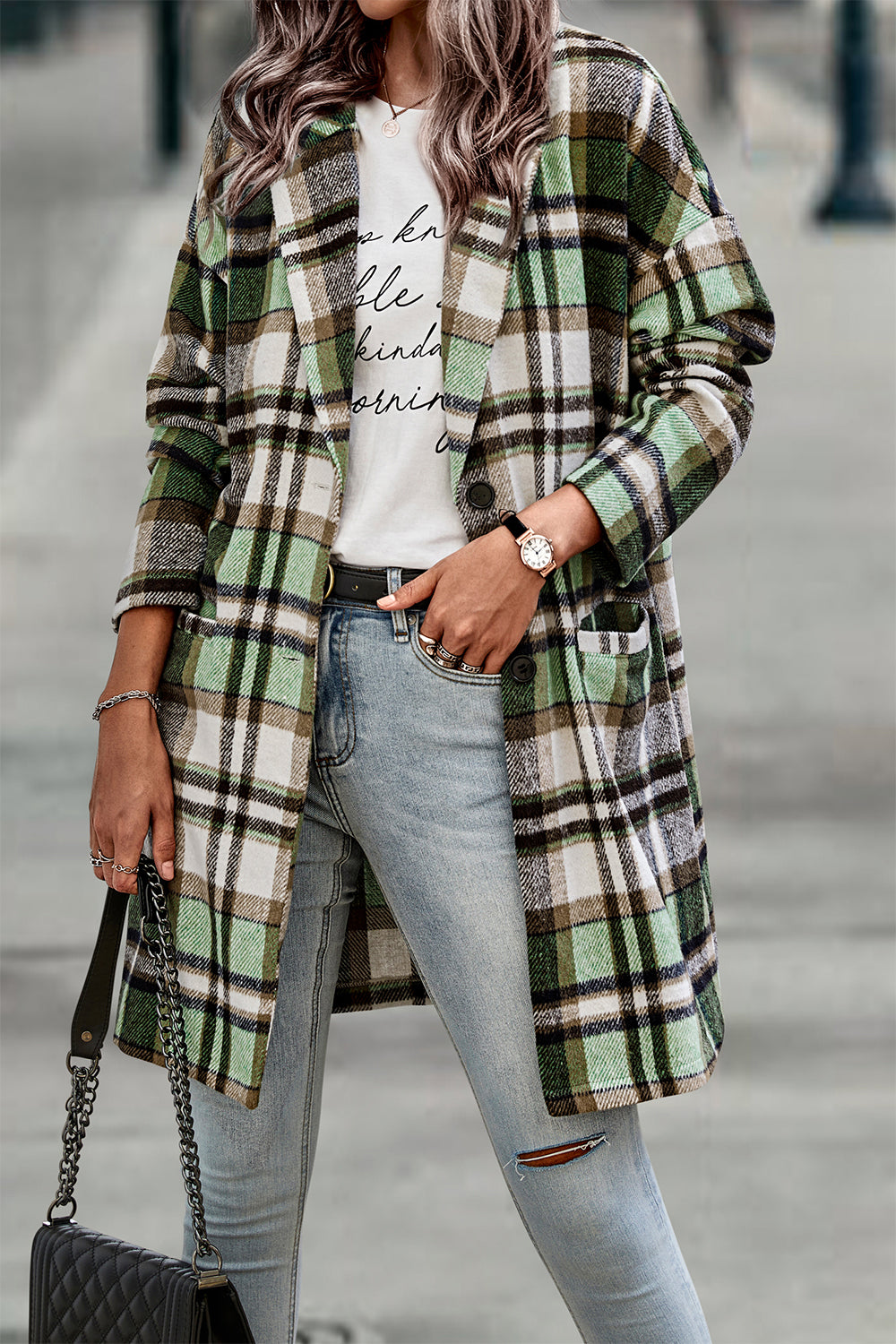 Lapel Wool Blend Plaid Trench Jacket Coat