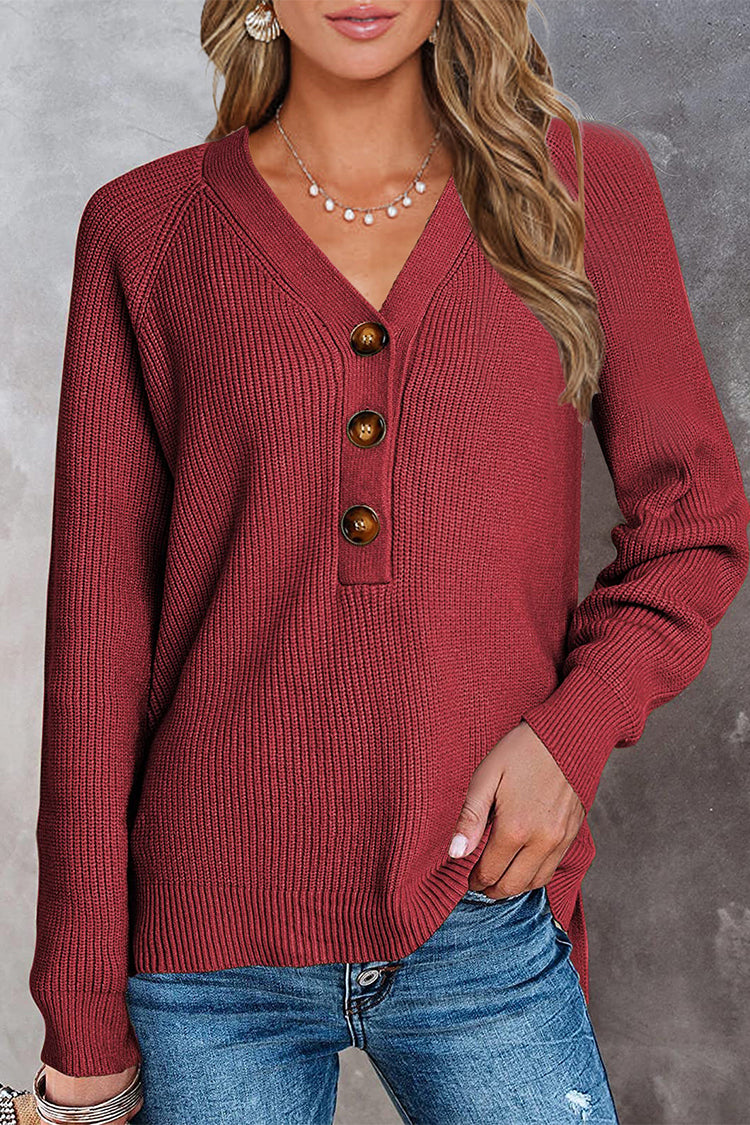 Half Button Raglan Sleeve V Neck Sweater