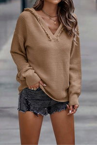 Long Sleeve V Neck Ribbed Knit Tunic Sweatshirt Pullover