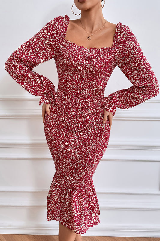 Long Puff Sleeve Floral Midi Bodycon Dress