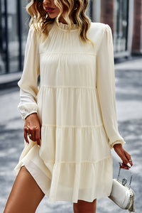 Puff Sleeve Mock Neck Tiered Loose Babydoll Dress