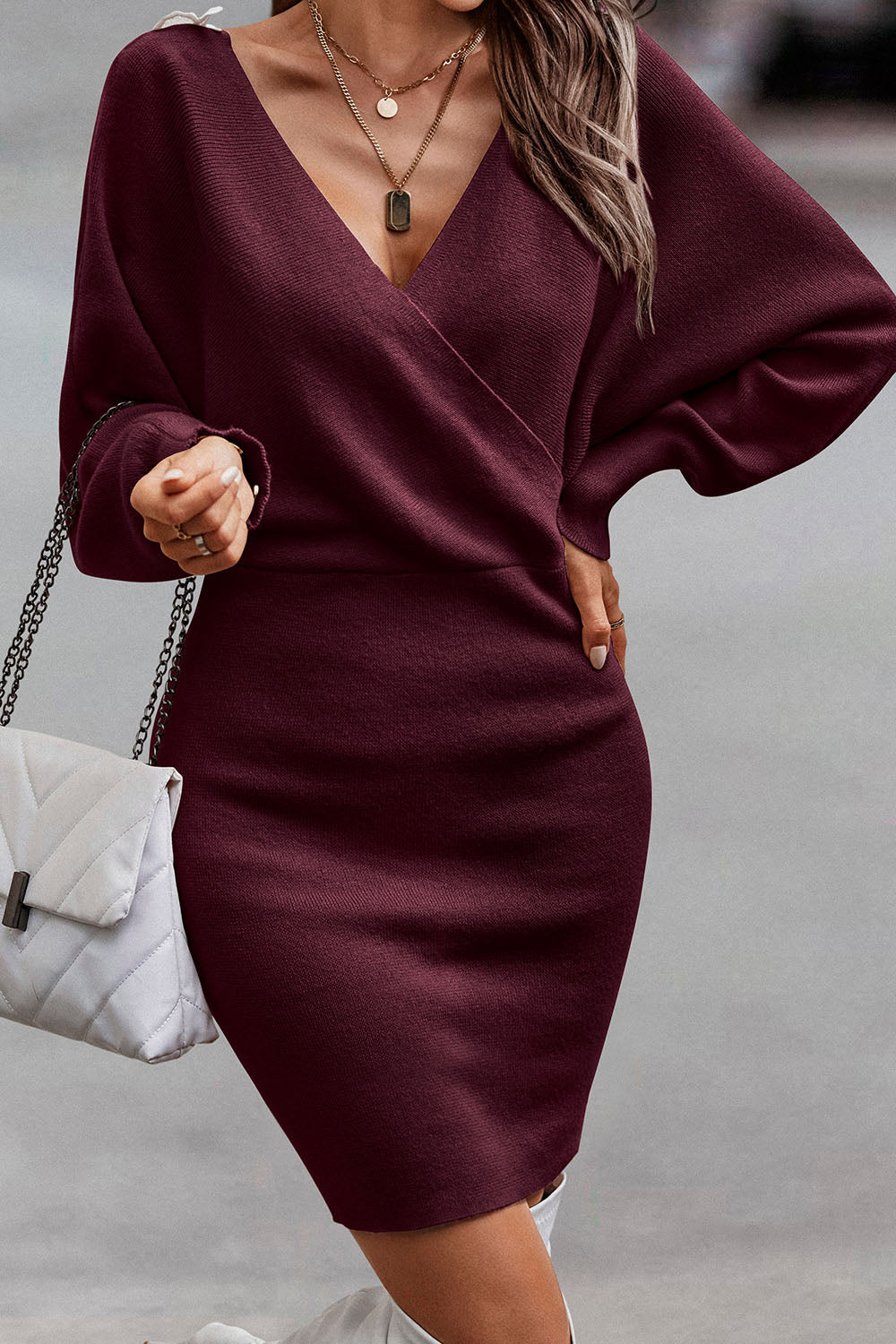 Long Sleeve Wrap V Neck Backless Sweater Dresses