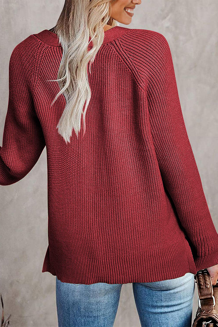 Half Button Raglan Sleeve V Neck Sweater