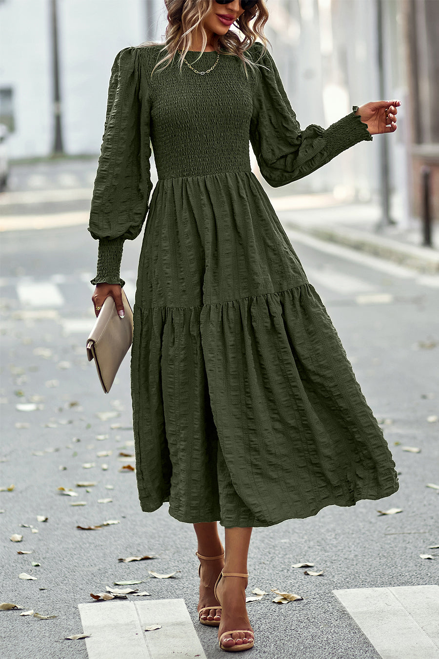 Women's Boho Lantern Sleeve Solid Color Fall Maxi Dress