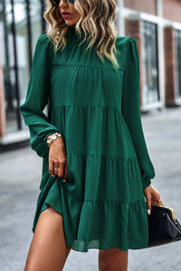 Puff Sleeve Mock Neck Tiered Loose Babydoll Dress