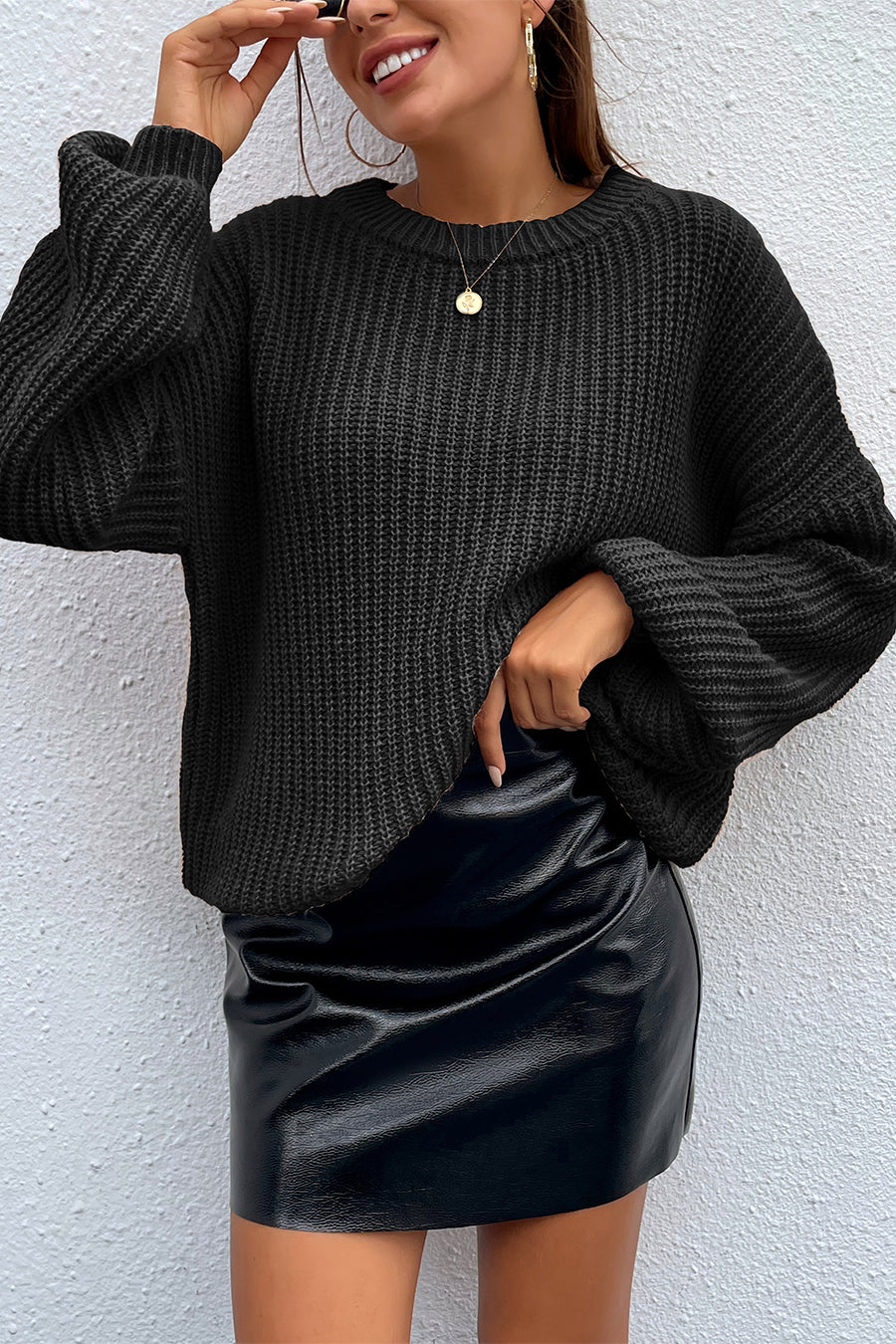 Loose Drop Shoulder Lantern Sleeve Oversized Knit Sweater