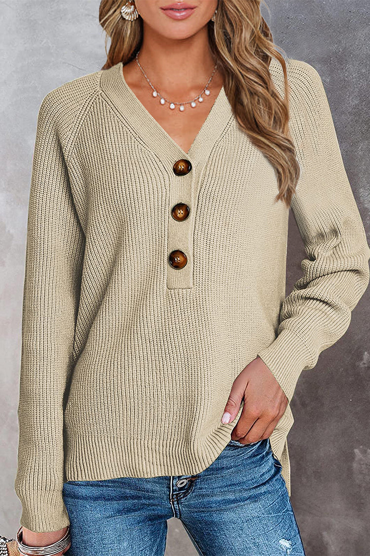 Half Button Raglan Sleeve V Neck Sweater