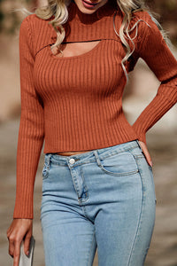 Cut Out Long Sleeve Mock Neck Rib Knit Pullover Sweaters