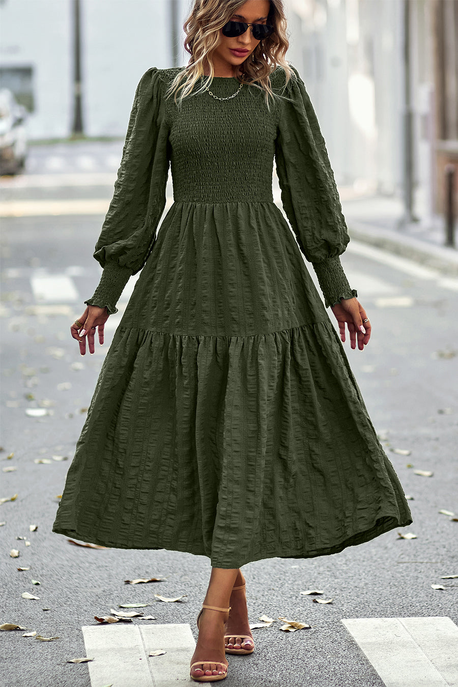 Women's Boho Lantern Sleeve Solid Color Fall Maxi Dress