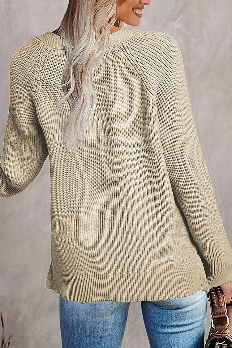 Half Button Raglan Sleeve V Neck Sweater