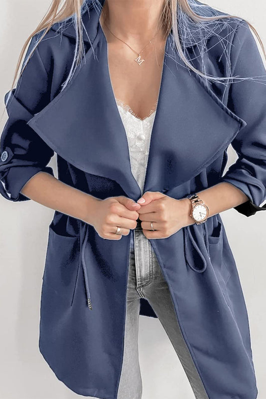 Women's Drawstring Waist Lapel Trench Coat Outwear with Pockets