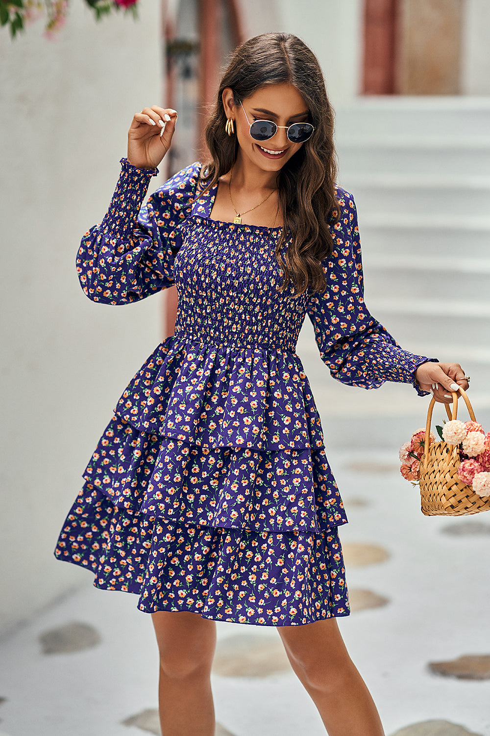 Square Neck Puff Sleeve Flroal Cute Tiered Flowy Dress Mini