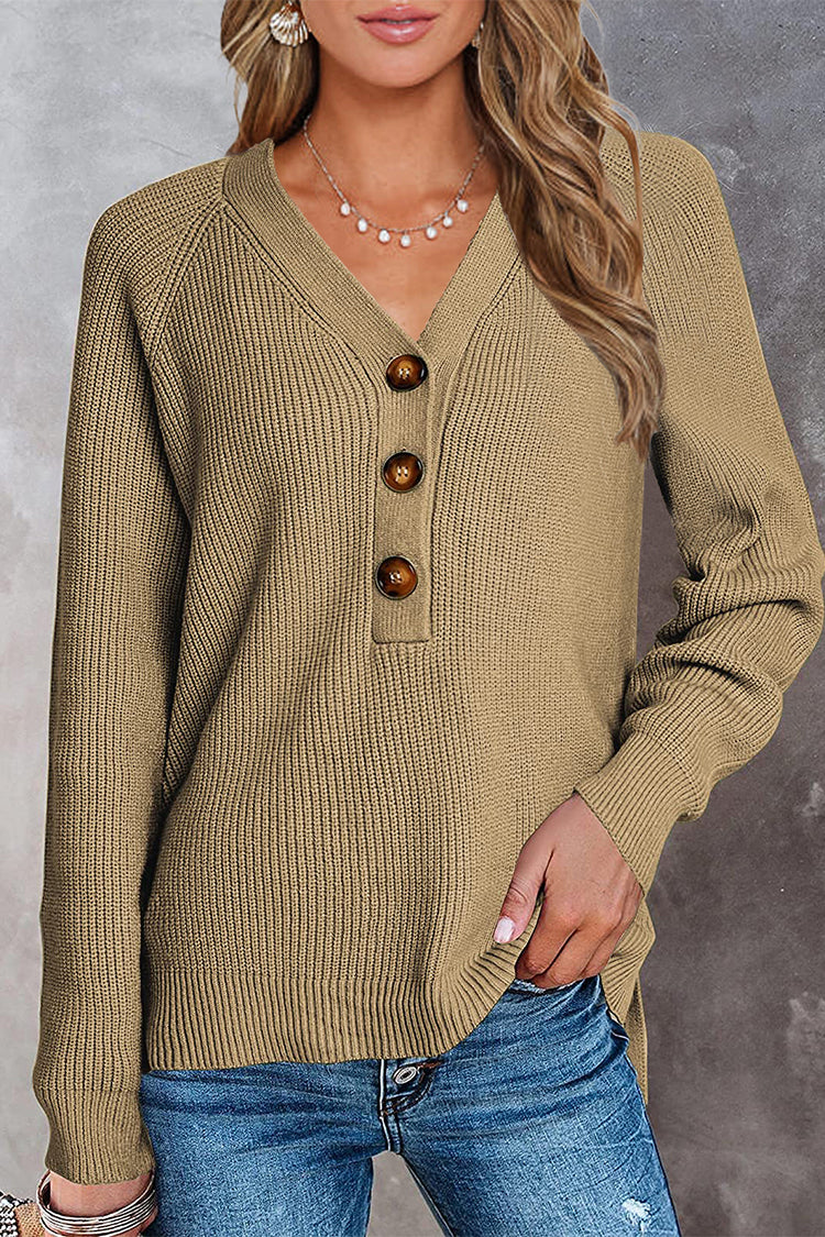 Half Button Raglan Sleeve V Neck Sweater