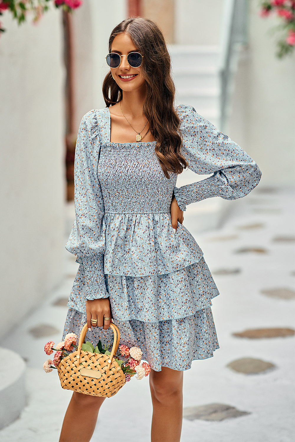 Square Neck Puff Sleeve Flroal Cute Tiered Flowy Dress Mini