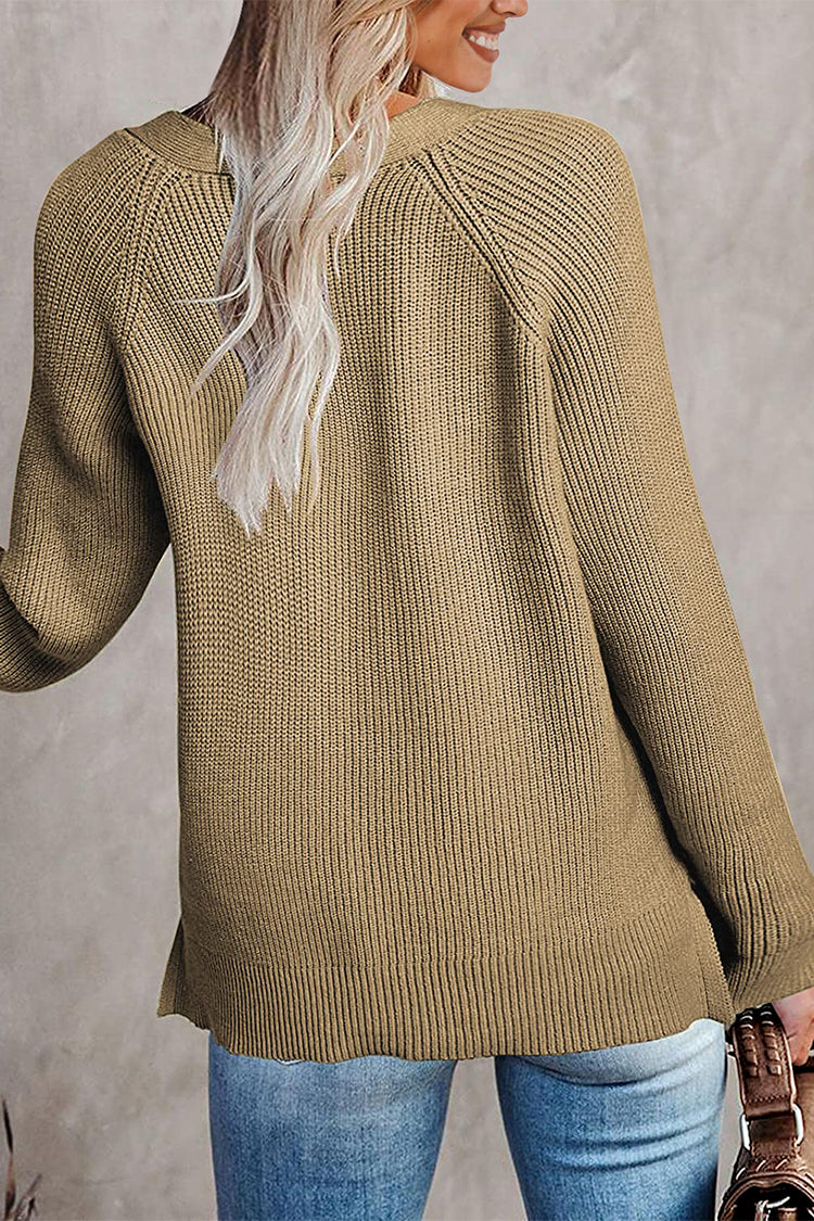 Half Button Raglan Sleeve V Neck Sweater