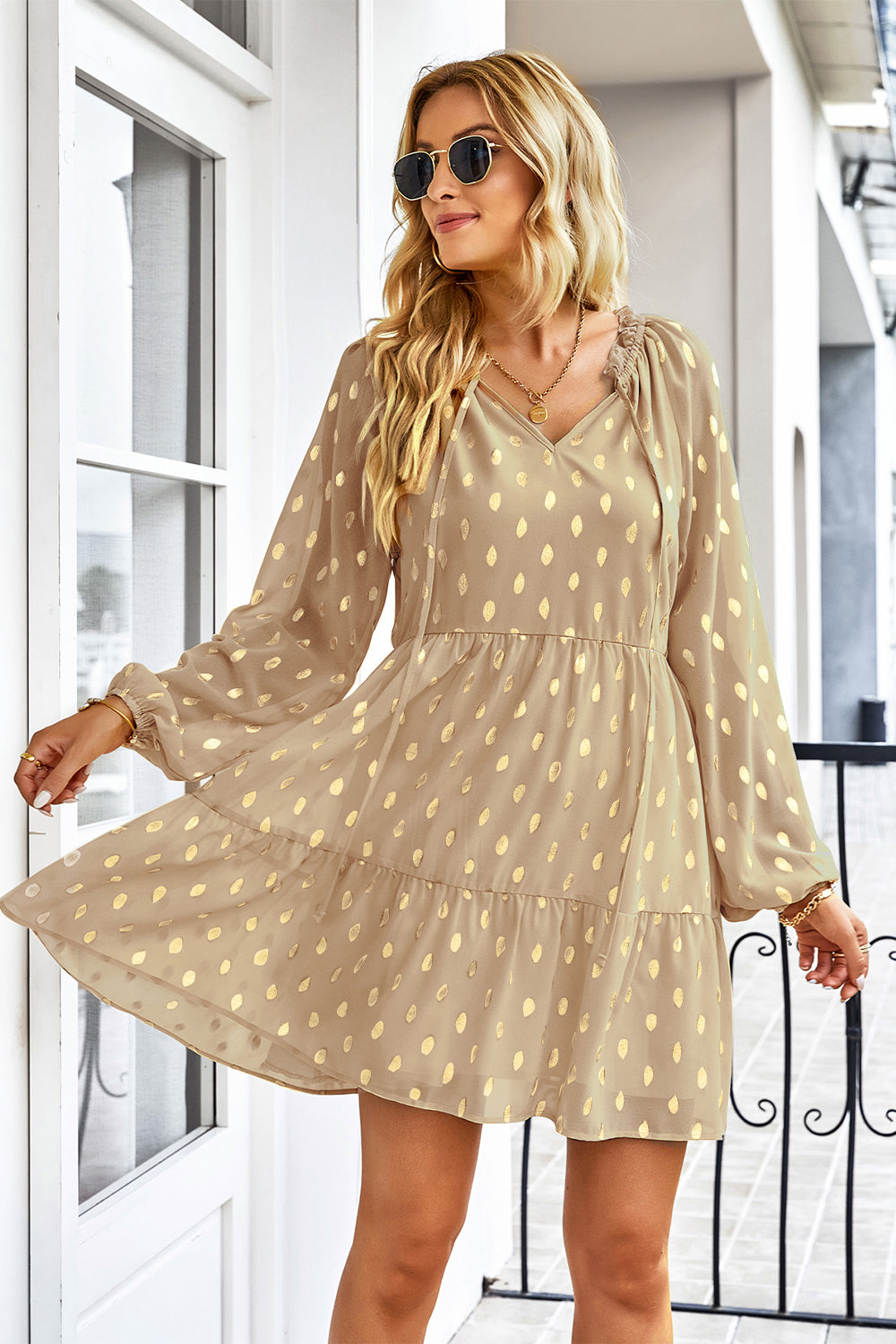 Ruffle Polka Dot  Loose Tunic Tiered Swing Mini Dress