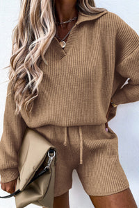 V Neck Lapel Knit Long Sleeve Sweater and Short Pant Set