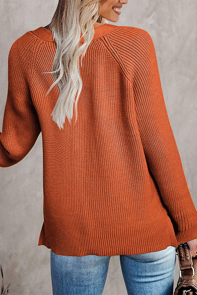 Half Button Raglan Sleeve V Neck Sweater