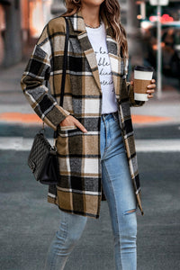 Lapel Wool Blend Plaid Trench Jacket Coat