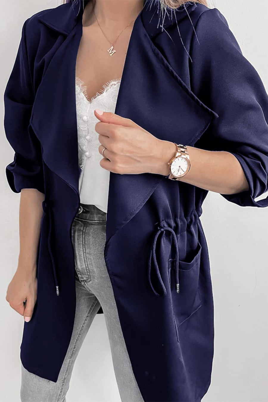 Women's Drawstring Waist Lapel Trench Coat Outwear with Pockets