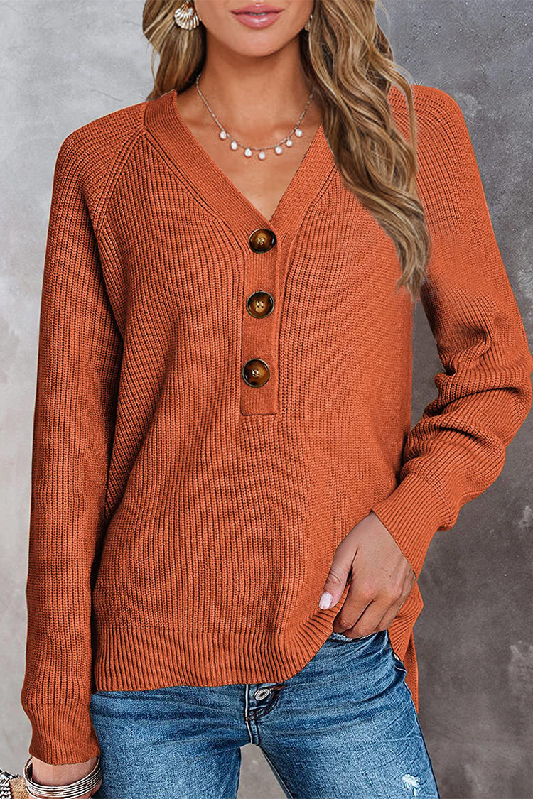 Half Button Raglan Sleeve V Neck Sweater