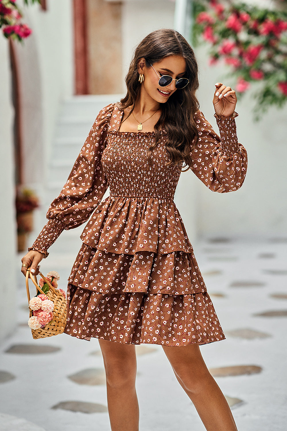 Square Neck Puff Sleeve Flroal Cute Tiered Flowy Dress Mini