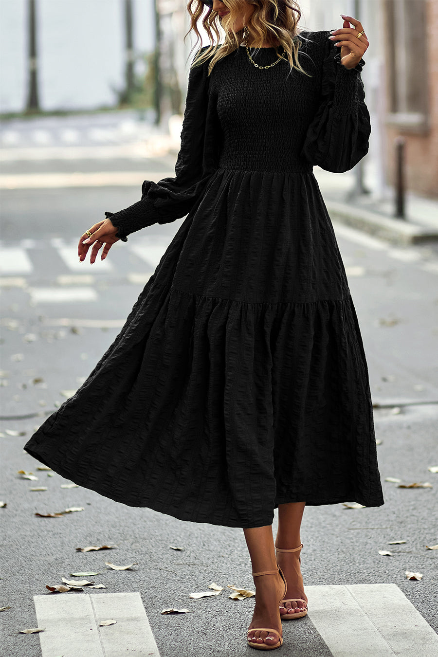 Women's Boho Lantern Sleeve Solid Color Fall Maxi Dress