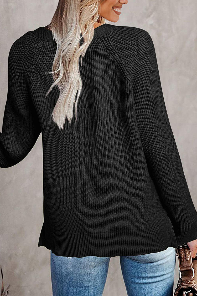 Half Button Raglan Sleeve V Neck Sweater