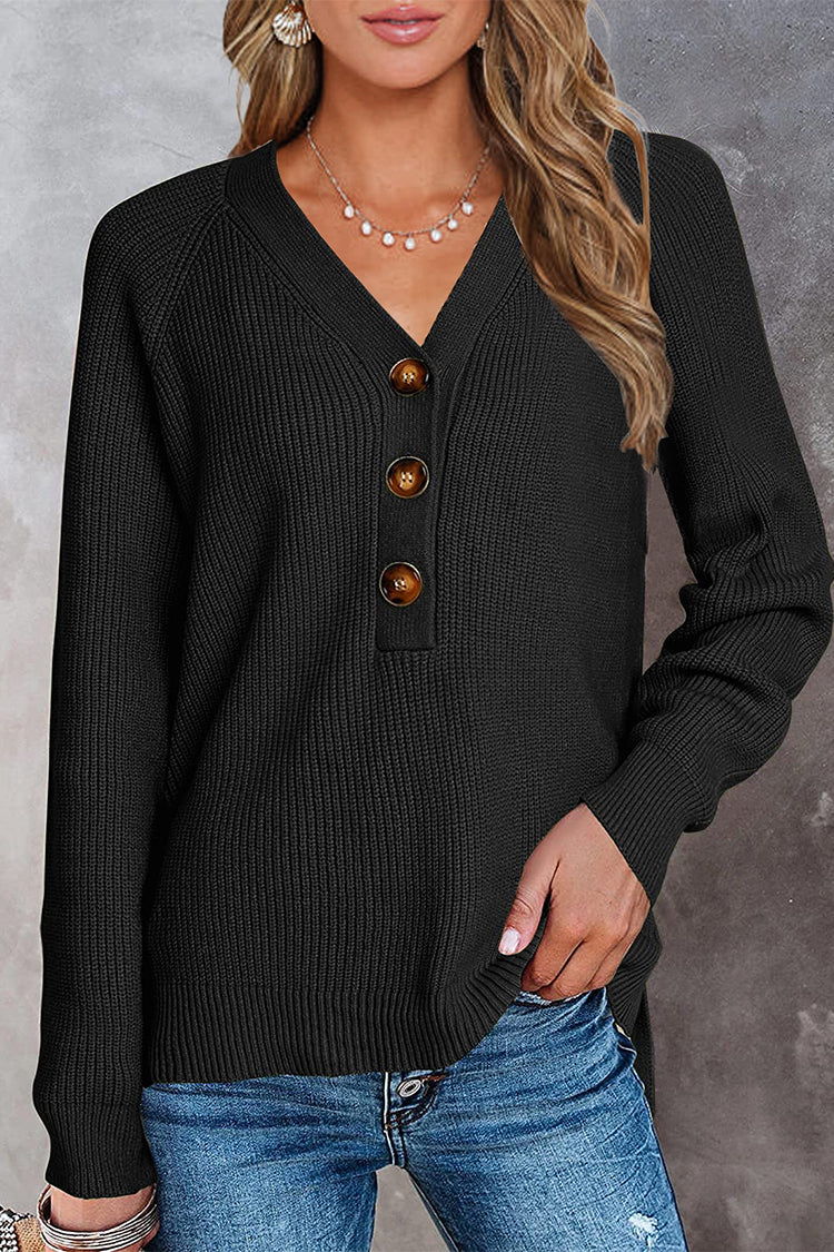 Half Button Raglan Sleeve V Neck Sweater