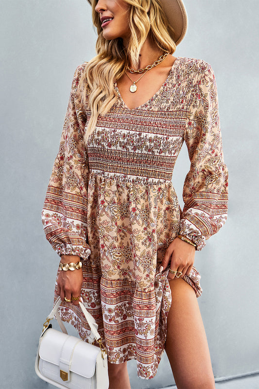 Smock V Neck Floral Print Ruffle Long Puff Sleeve Mini Boho Dress