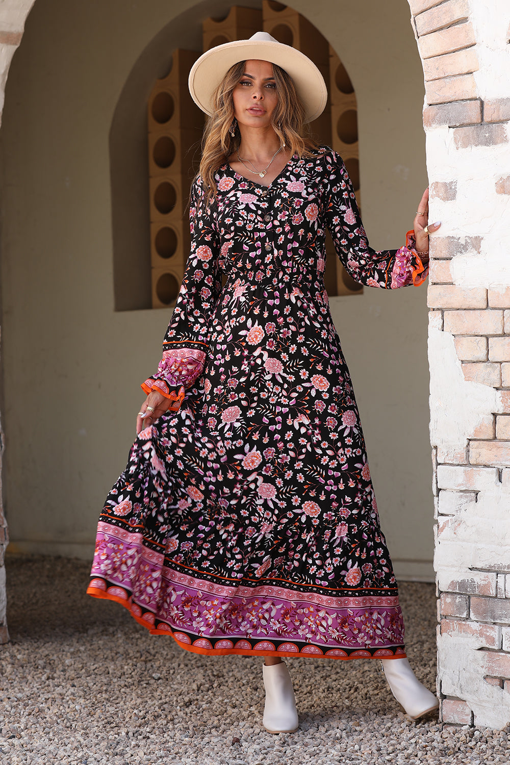 V Neck Button Down Boho Floral Print Fall Maxi Dress