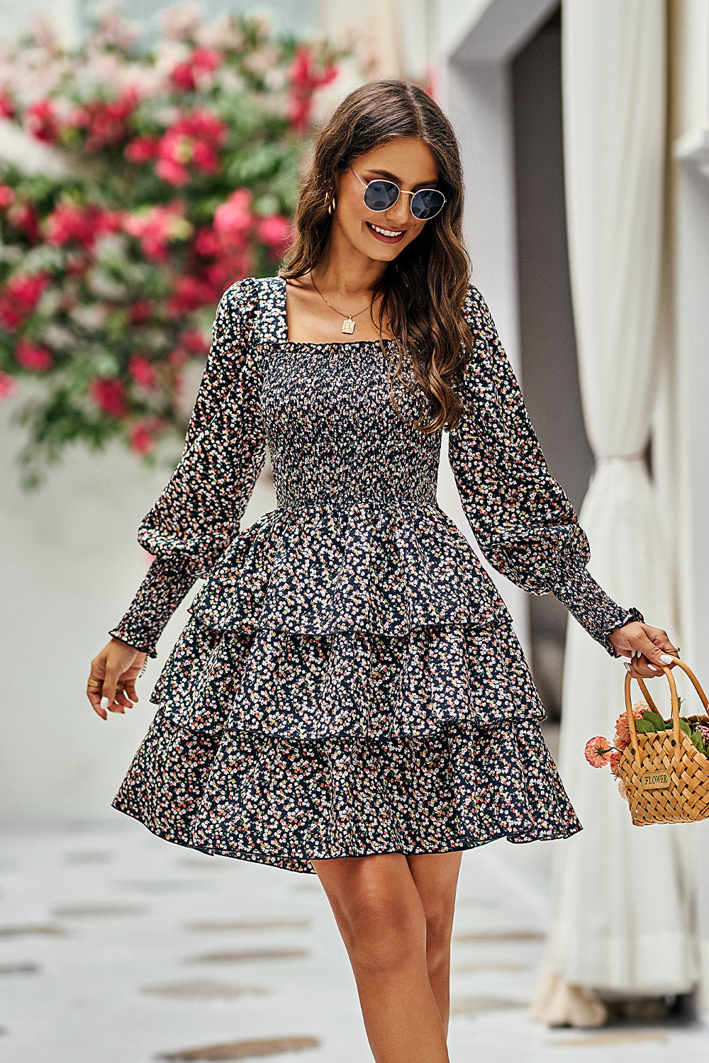 Square Neck Puff Sleeve Flroal Cute Tiered Flowy Dress Mini