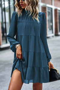 Puff Sleeve Mock Neck Tiered Loose Babydoll Dress