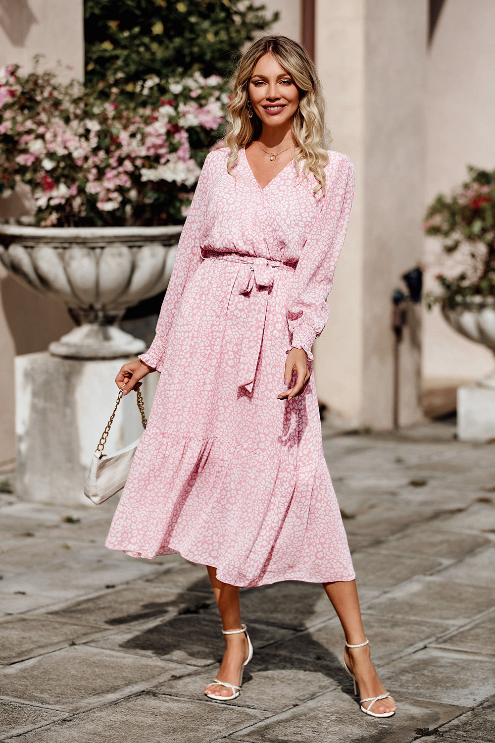 Long Sleeve V Neck Ruffle Belted Boho Dress