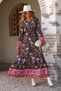 V Neck Button Down Boho Floral Print Fall Maxi Dress