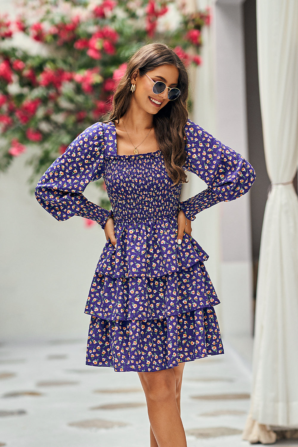 Square Neck Puff Sleeve Flroal Cute Tiered Flowy Dress Mini