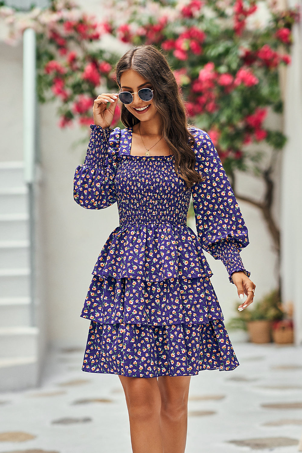 Square Neck Puff Sleeve Flroal Cute Tiered Flowy Dress Mini