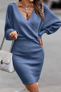 Long Sleeve Wrap V Neck Backless Sweater Dresses