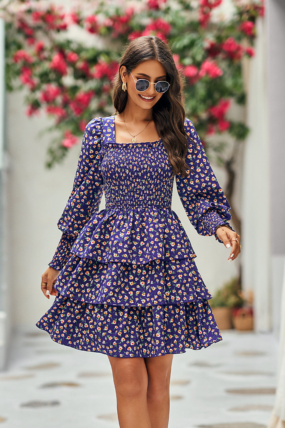 Square Neck Puff Sleeve Flroal Cute Tiered Flowy Dress Mini