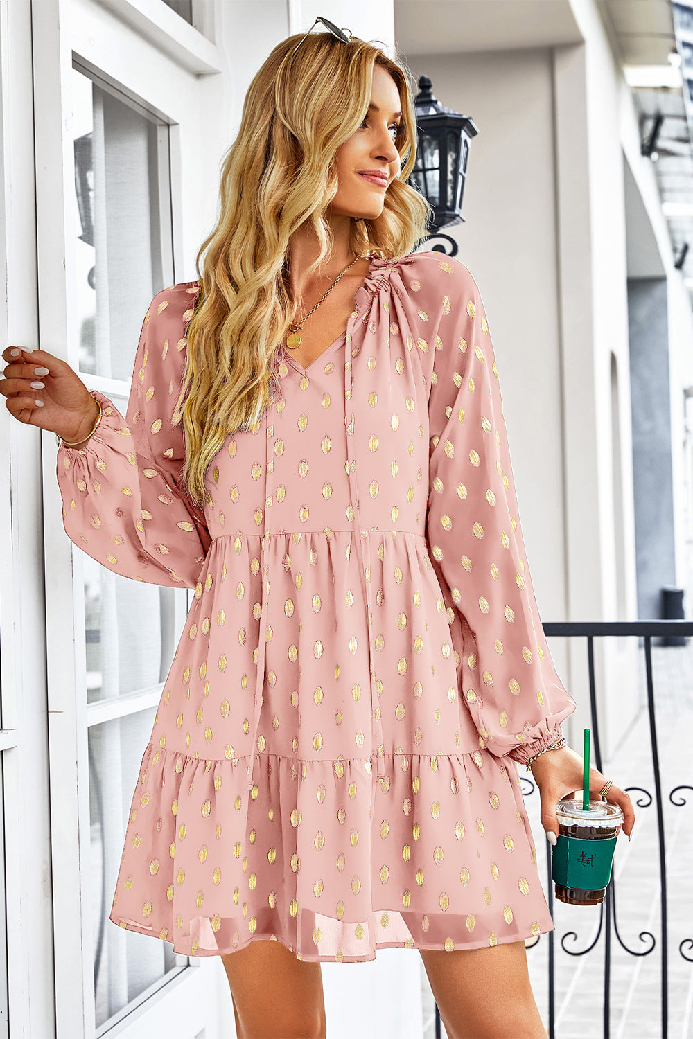 Ruffle Polka Dot  Loose Tunic Tiered Swing Mini Dress